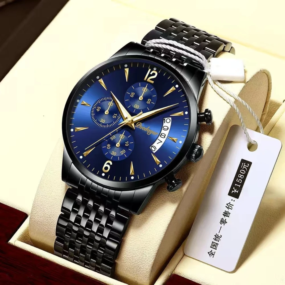 POEDAGAR Men Watch Fashion Luxury Stainless Stain Business Quartz Watches Waterproof Luminous Week Date Men‘s Wristwatch