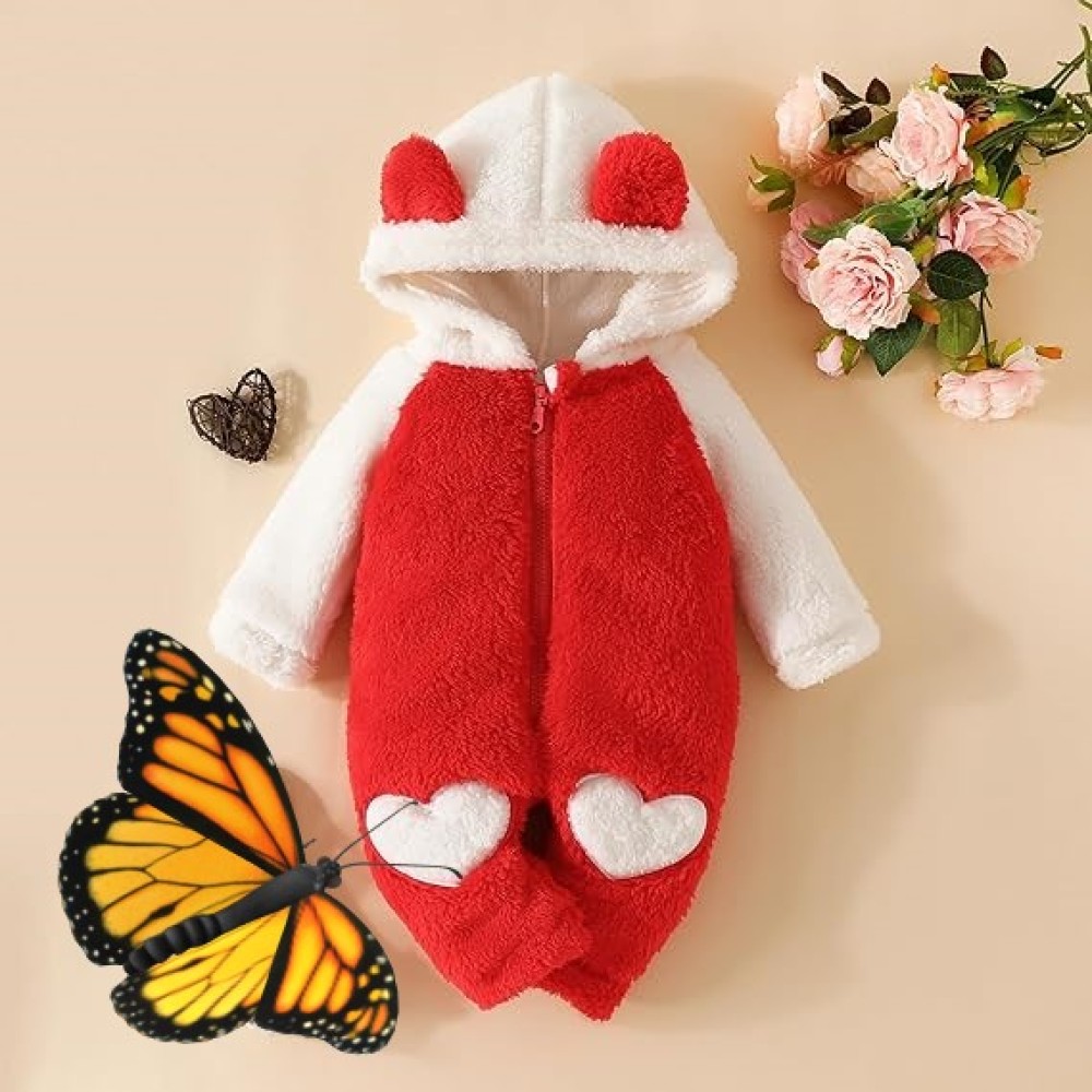 Baby Love Bear Autumn And Winter Furry Long-sleeved Long-leg Jumpsuit For Baby Girls With Color Matching Love Zipper Hooded Fleece Romper