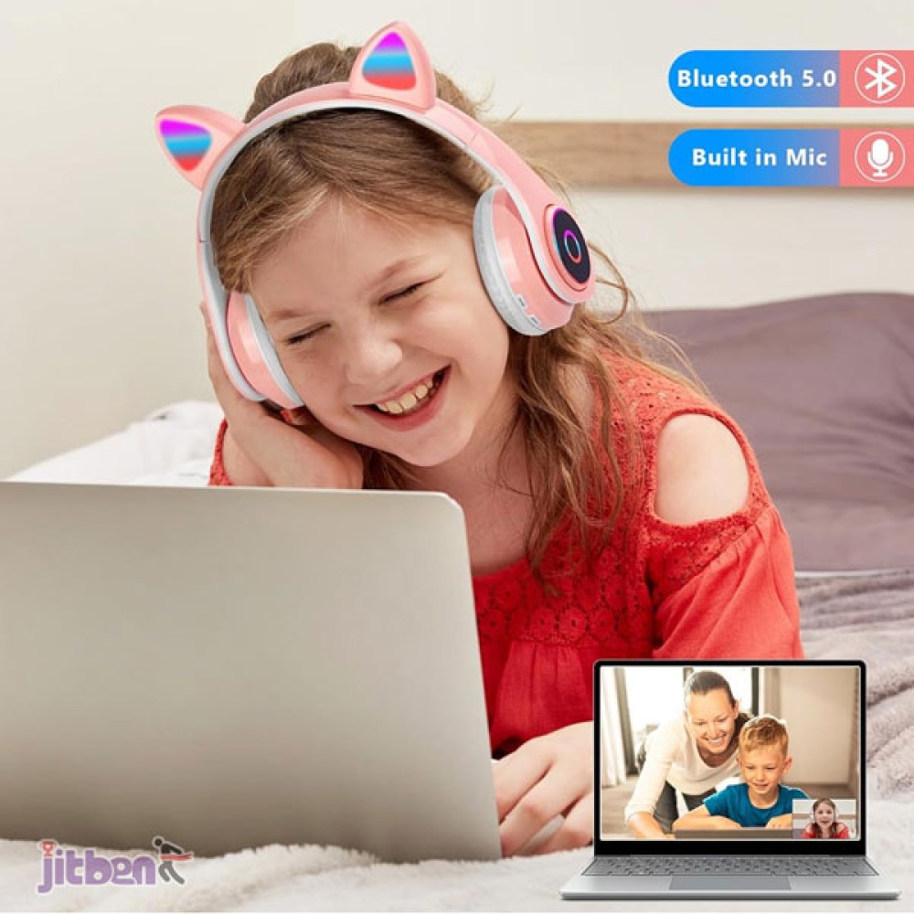 Cute Cat Ear Headphone Wireless with Mic LED Kids Girls Stereo Phone Music Bluetooth Headset Gamer Gift