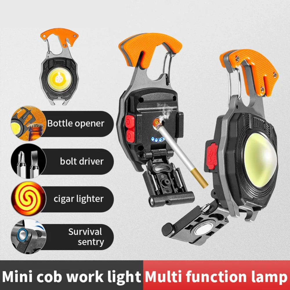Rechargeable COB Keychain Light Bottle Opener Hook Flashlight With Cigarette Lighter Screwdriver Keychain Lamp for Camping