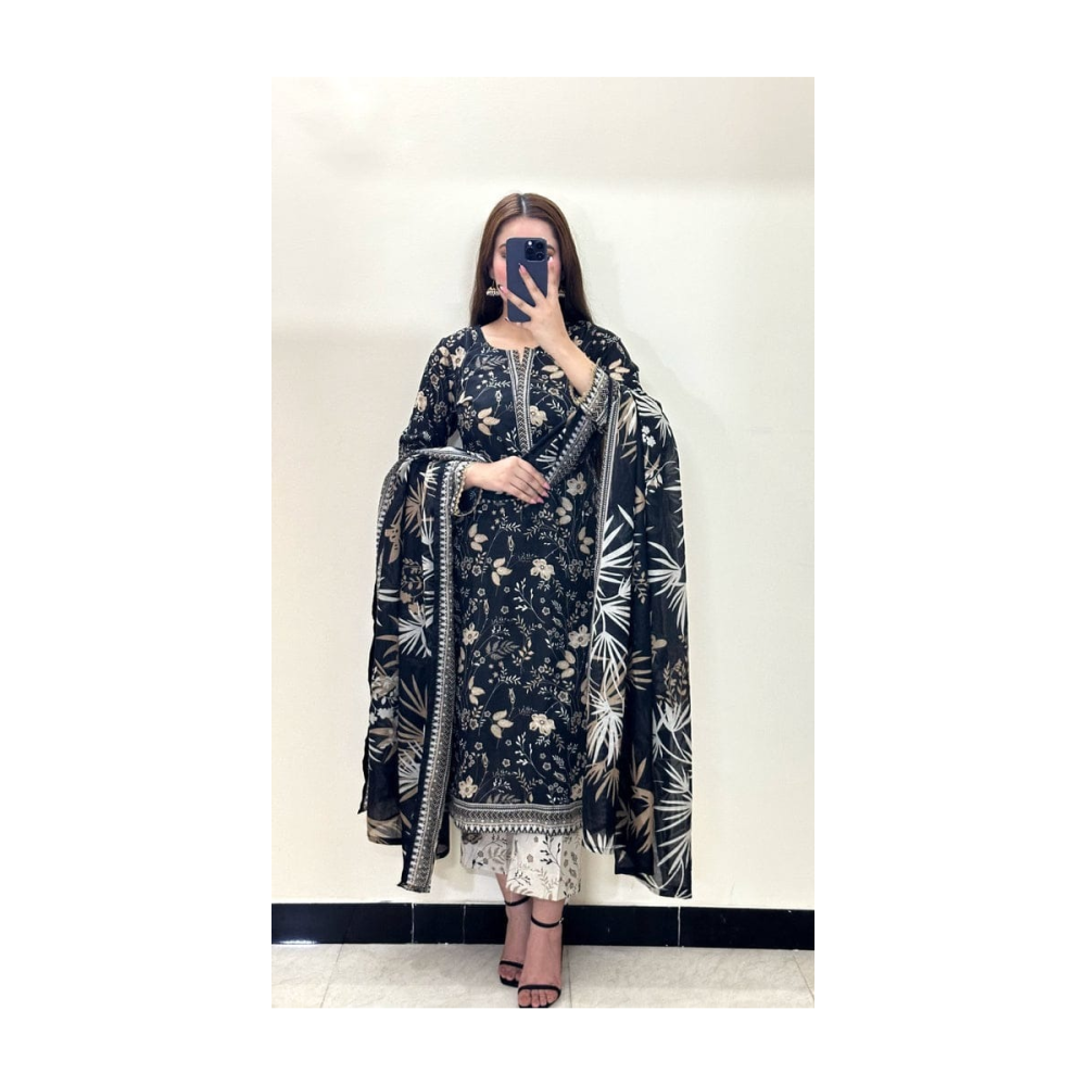 Hit Printed Collection - Elegant Black Floral Soft Cotton 3-Piece Suit