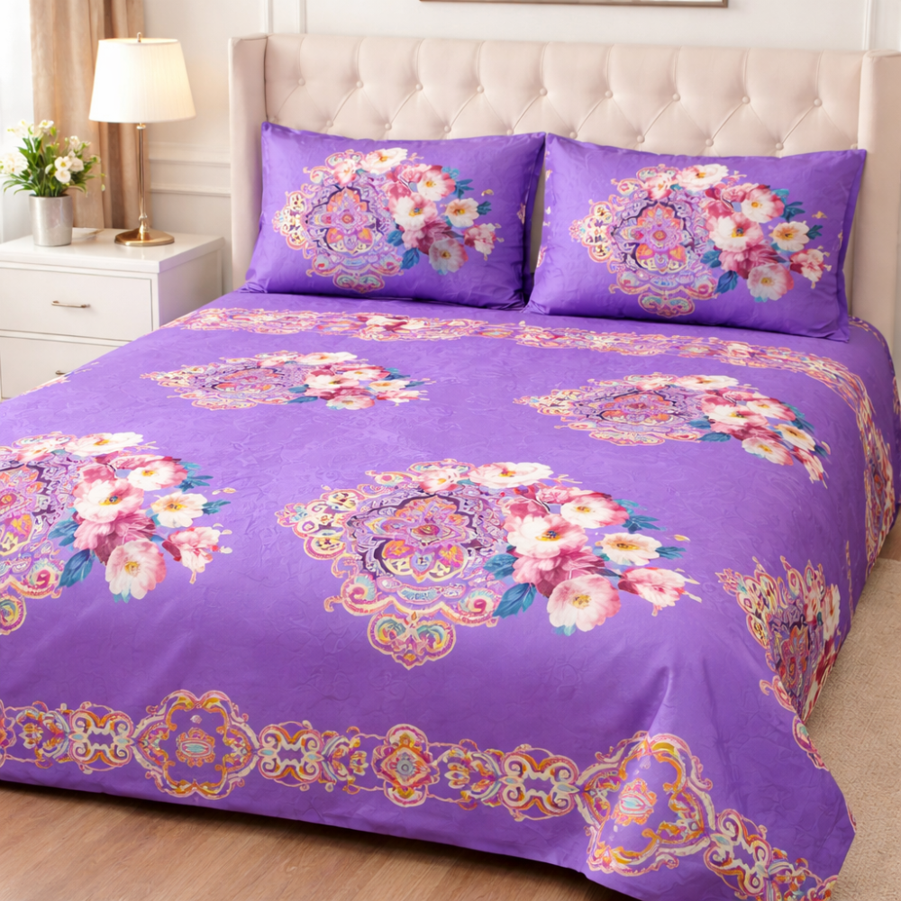 "Royal Purple Floral Cotton Bedsheet Set"